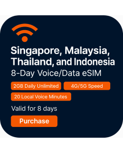 Singapore, Malaysia, Thailand and Indonesia 8-Day, Data SIM (2GB unlimited + 20 Minutes Daily)