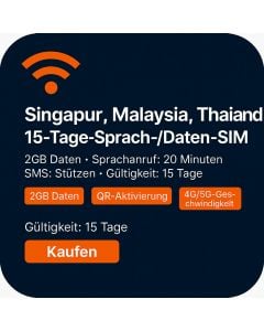 Singapur, Malaysia, Thailand 15-Tage-Sprach-/Daten-SIM (2 GB täglich unbegrenzt + 20 Minuten
