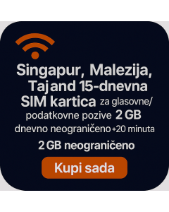 Singapur, Malezija, Tajland 15-dnevna SIM kartica za glasovne/podatkovne pozive (2 GB dnevno neograničeno + 20 minuta)