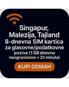 Singapur, Malezija, Tajland 8-dnevna SIM kartica za glasovne/podatkovne pozive (1 GB dnevno neograničeno + 20 minuta)