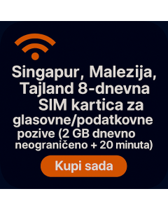 Singapur, Malezija, Tajland 8-dnevna SIM kartica za glasovne/podatkovne pozive (2 GB dnevno neograničeno + 20 minuta)