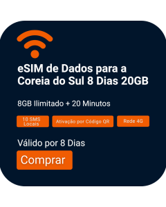 Ative o eSIM de Voz e Dados para Coreia do Sul durante 8 dias (20GB ilimitados + 20 minutos)