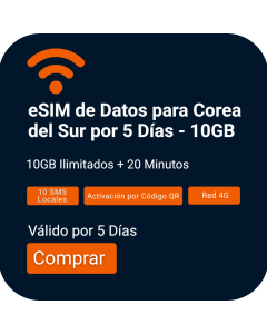 Activa eSIM de Voz y Datos 10GB para Corea del Sur | 5 Días + 20 Minutos de Llamadas