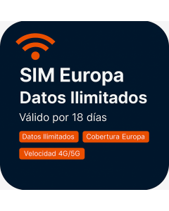 Tarjeta SIM con datos ilimitados por dieciocho días para Europa