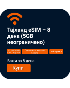 Тајланд 8-дневна податочна eSIM/SIM-картичка (5GB неограничено)