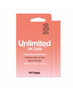 Three Mobile Unlimited UK Voice And Data eSIM (Plus 30gb Free Roaming Data per month)