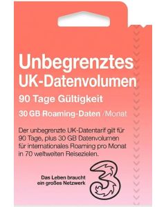 Three Mobile Unlimited UK Voice And Data eSIM (Plus 30 GB kostenloses Roaming pro Monat)