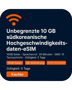 Unbegrenzte 10 GB südkoreanische Hochgeschwindigkeitsdaten-eSIM