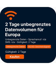 2 Tage unbegrenztes Datenvolumen für Europa