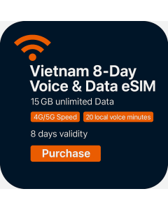 Unlimited Vietnam 8-Day Voice / Data eSIM (15GB Unlimited + 20 Minutes)