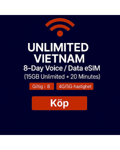 Obegränsad Vietnam 8-dagars Voice / Data eSIM (15GB Obegränsat + 20 Minuter)