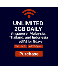 Holiday eSIM Singapore, Malaysia, Thailand, and Indonesia 8-Day Voice/Data eSIM (2GB Daily Unlimited + 20 mins and 10 SMS) 