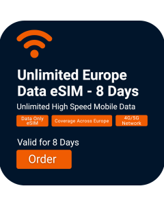 Install Unlimited Europe Data eSIM | £25 | 8 Day Validity