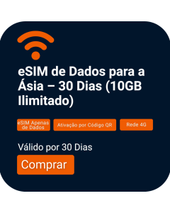 Ative o Cartão eSIM/SIM de Dados para a Ásia durante 30 dias (10GB ilimitados)