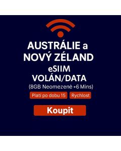 NEOMEZENÁ AUSTRÁLIE A NOVÝ ZÉLAND 15DENNÍ DATOVÁ SIM karta 8 GB VYSOKORYCHLOSTNÍ DATA