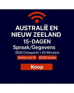 ONBEPERKT AUSTRALIË & NIEUW-ZEELAND 15-DAAGSE DATA SIM 8GB HOGE SNELHEIDSDATA