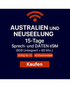UNBEGRENZTES DATEN-SIM FÜR AUSTRALIEN UND NEUSEELAND FÜR 15 TAGE, 8 GB HIGHSPEED-DATEN