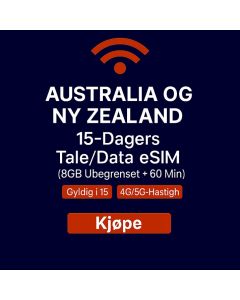 UBEGRENSET AUSTRALIA OG NEW ZEALAND 15-DAGERS DATA SIM 8 GB HØYHASTIGHETSDATA