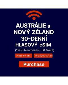 NEOMEZENÁ AUSTRÁLIE A NOVÝ ZÉLAND 30DENNÍ DATOVÁ SIM karta 12 GB VYSOKORYCHLOSTNÍ DATA