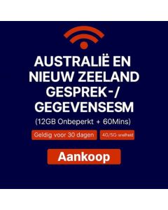 ONBEPERKT AUSTRALIË & NIEUW-ZEELAND 30-DAAGSE DATA SIM 12GB HOGE SNELHEIDSDATA
