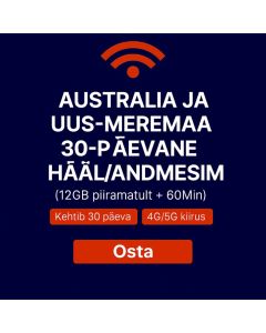 PIIRAMATU AUSTRAALIA JA UUS-MEREMAA 30-PÄEVANE ANDMETE SIM 12 GB KIIRED ANDMED