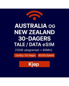 UBEGRENSET AUSTRALIA OG NEW ZEALAND 30-DAGERS DATA SIM 12 GB HØYHASTIGHETSDATA