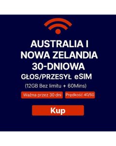 NIEOGRANICZONA KARTA SIM AUSTRALIA I NOWEJ ZELANDII NA 30 DNI, 12 GB SZYBKICH DANYCH