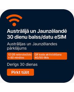 Austrālija un Jaunzēlande – 30 dienu balss un datu eSIM (12 GB neierobežots + 60 minūtes)