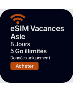 eSIM 5 Go DE DONNÉES HAUT DÉBIT ILLIMITÉES POUR L'ASIE 8 Jours