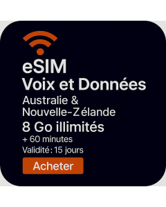 eSIM 8 Go DE DONNÉES HAUT DÉBIT ILLIMITÉES POUR L'AUSTRALIE ET ​​LA NOUVELLE-ZÉLANDE, 15 JOURS
