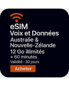eSIM 12 Go DE DONNÉES HAUT DÉBIT ILLIMITÉES POUR L'AUSTRALIE ET ​​LA NOUVELLE-ZÉLANDE, 30 JOURS