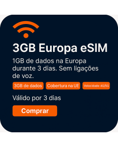 Ativar eSIM de dados europeus de 3GB | £7 | Validade de 3 dias