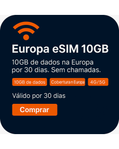 Ativar eSIM de dados europeus de 10GB | £18 | Validade de 30 dias