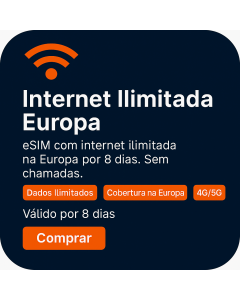 Ative um eSIM de dados europeus ilimitado | £25 | Validade de 8 dias