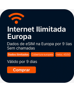 Ative um eSIM de dados europeus ilimitado | £28 | Validade de 9 dias