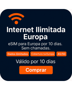Ative um eSIM de dados europeus ilimitado | £30 | Validade de 10 dias