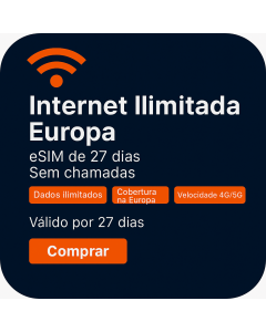 Ativar o eSIM de Dados Ilimitados da Europa | 57 libras | Validade de 27 dias