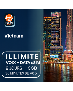 eSIM Voix/Données Vietnam Illimitée – 8 Jours (15 Go Illimités + 20 Minutes)