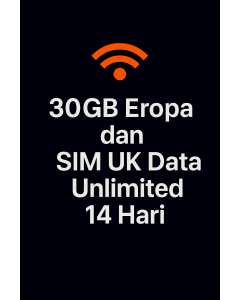  30GB Eropa dan SIM UK Data Unlimited  14Hari
