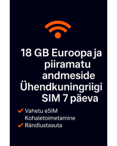 18 GB Euroopa ja piiramatu andmeside Ühendkuningriigi SIM 7 päeva