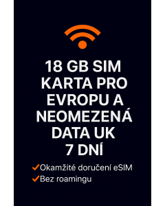 18 GB SIM karta pro Evropu a neomezená data UK 7 dní