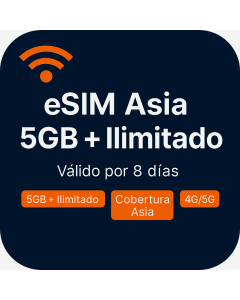 Cinco GB, ocho días, eSIM asiática ilimitada