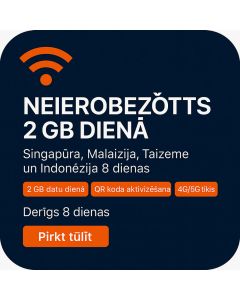 Svētku eSIM Singapūrā, Malaizijā, Taizemē un Indonēzijā. 8 dienu balss/datu eSIM (2 GB dienā neierobežoti + 20 minūtes un 10 īsziņas).