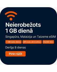 Svētku eSIM Singapūrā, Malaizijā un Taizemē. 8 dienu balss/datu eSIM (1 GB dienā neierobežots + 20 minūtes un 10 īsziņas)