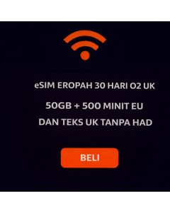 eSIM Eropah 30 Hari O2 UK – 50GB + 500 Minit EU dan Teks UK Tanpa Had
