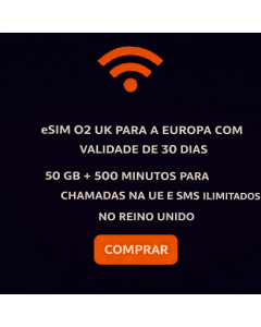 eSIM O2 UK para a Europa com validade de 30 dias – 50 GB + 500 minutos para chamadas na UE e SMS ilimitados no Reino Unido.