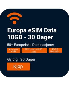 Reisendes Weekend eSIM Europa 10GB (Kun Data) Gyldig i 30 Dager