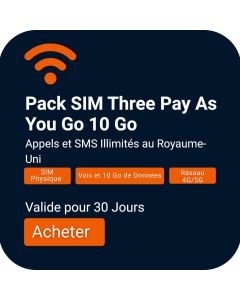 Acheter un Pack SIM Voix et Données 10 Go Three Pay As You Go | Appels et SMS Illimités