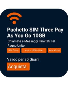 Acquista Pacchetto SIM Voce e Dati 10GB Three Pay As You Go | Chiamate e Testi Illimitati