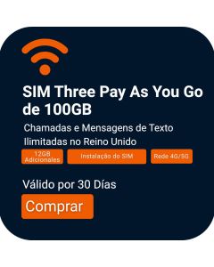 Encomendar Pacote SIM de Voz e Dados Three Mobile UK PayG 100GB | Chamadas e Textos Ilimitados